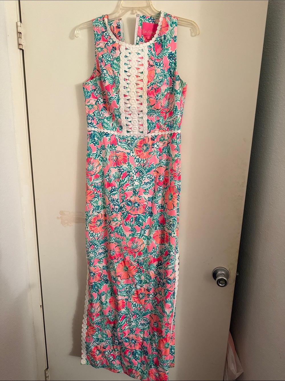 Lilly Pulitzer Coral Pink and Teal Floral Maxi Dress with Lace Trim